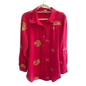 Fig & Flower Pink Embroidered Floral Tunic Top Women’s Sz Large Button Up Boho